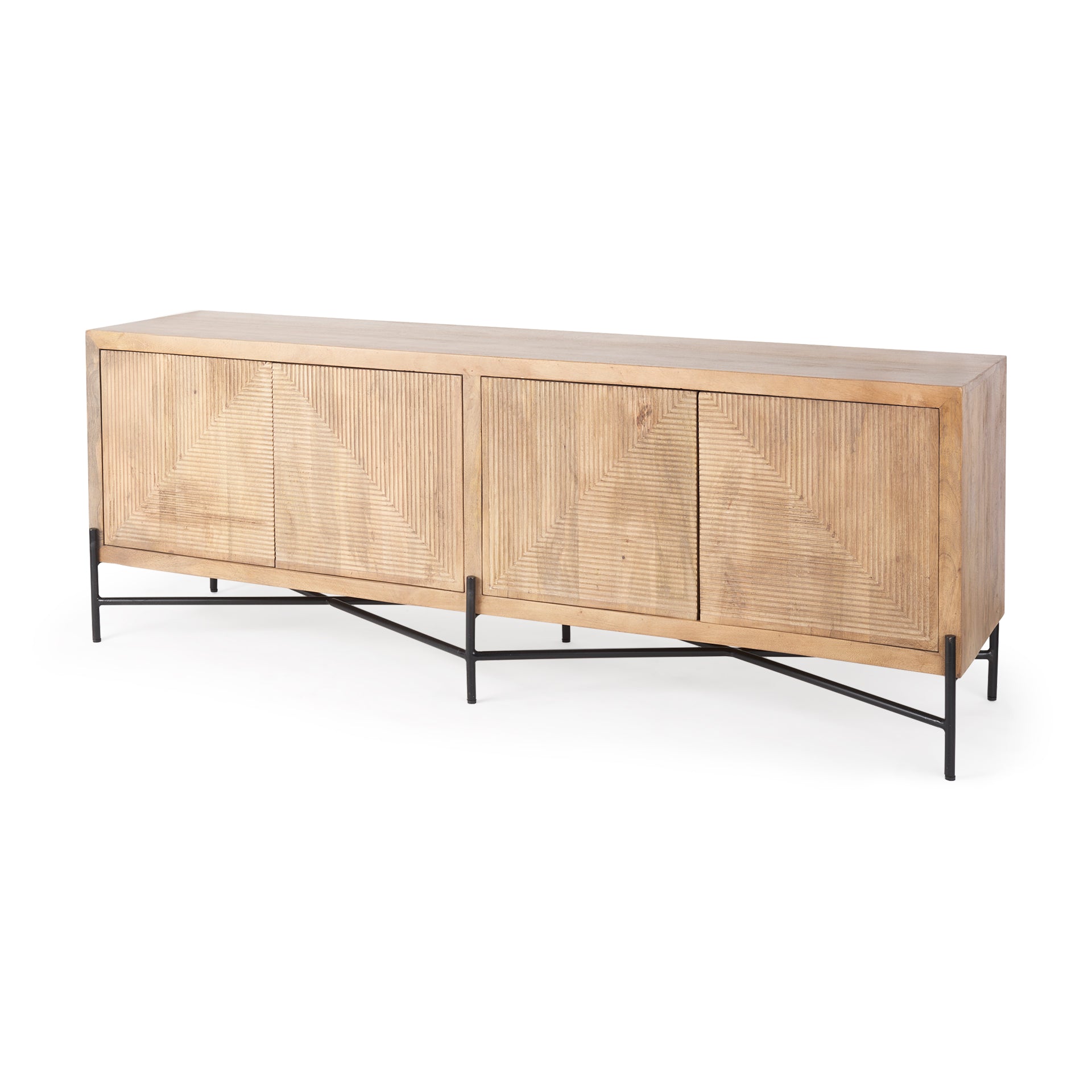 Mercana Cairo 78x19 Brown Solid Wood Black Metal Base 4 Door Cabinet Sideboard