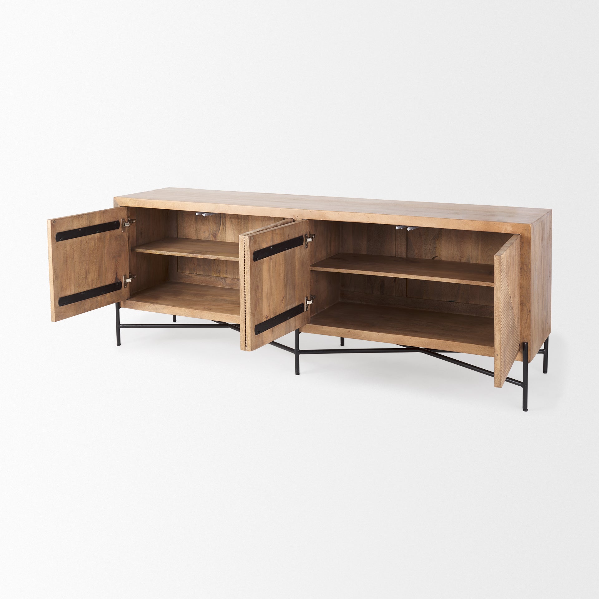 Mercana Cairo 78x19 Brown Solid Wood Black Metal Base 4 Door Cabinet Sideboard