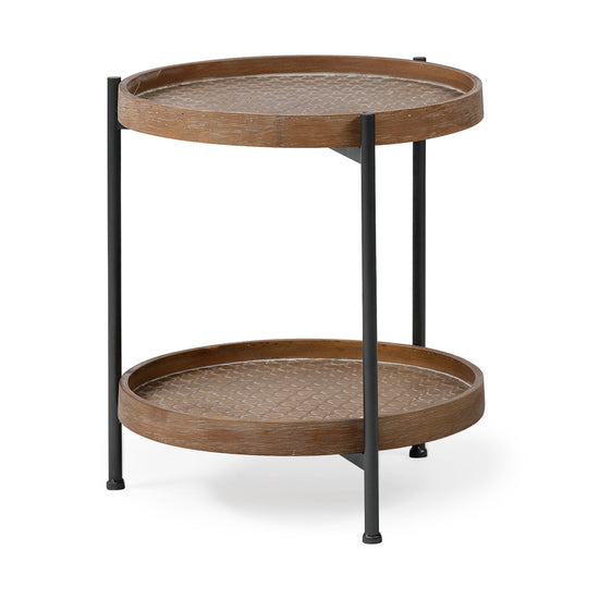 Mercana Kade III 16.9" Round Top Natural Brown Wood and Gray Metal Frame Tray-Style End/Side Table