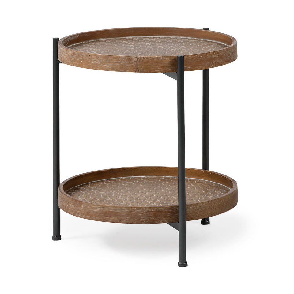 Mercana Kade III 16.9" Round Top Natural Brown Wood and Gray Metal Frame Tray-Style End/Side Table