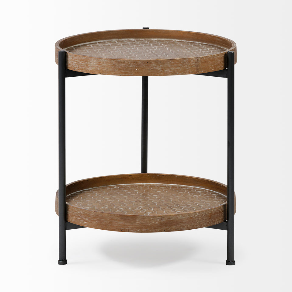 Mercana Kade III 16.9" Round Top Natural Brown Wood and Gray Metal Frame Tray-Style End/Side Table