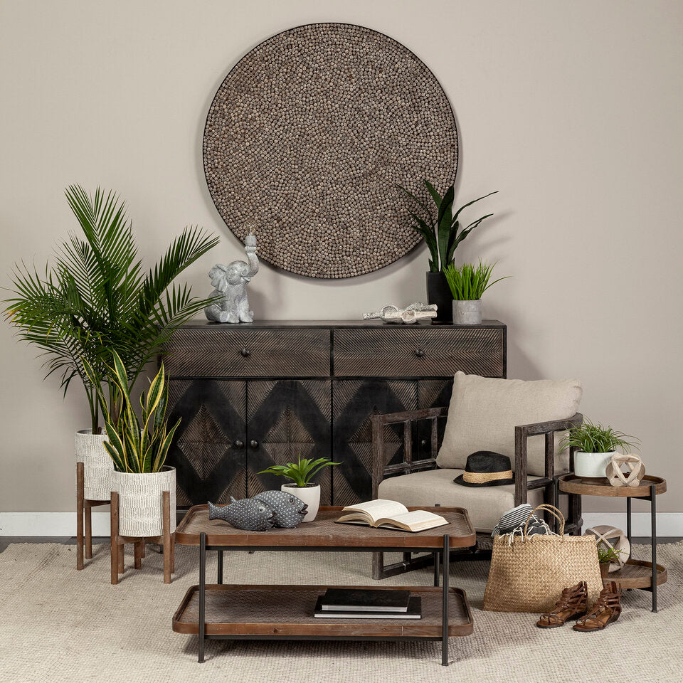 Mercana Kade III 16.9" Round Top Natural Brown Wood and Gray Metal Frame Tray-Style End/Side Table