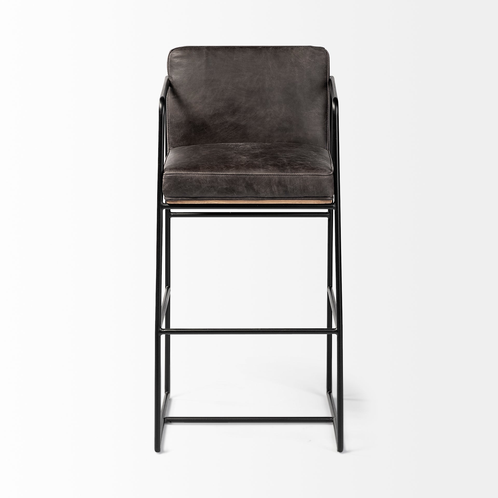 Mercana Stamford 40" Total Height Black Leather Seat With Wood Back, Metal Frame Bar Stool