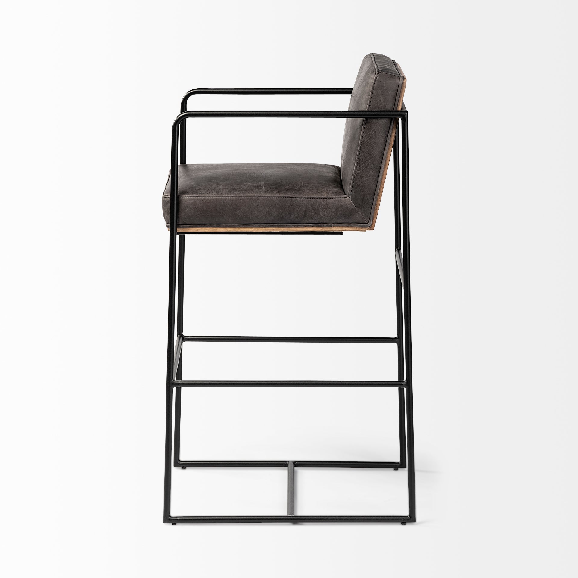 Mercana Stamford 40" Total Height Black Leather Seat With Wood Back, Metal Frame Bar Stool