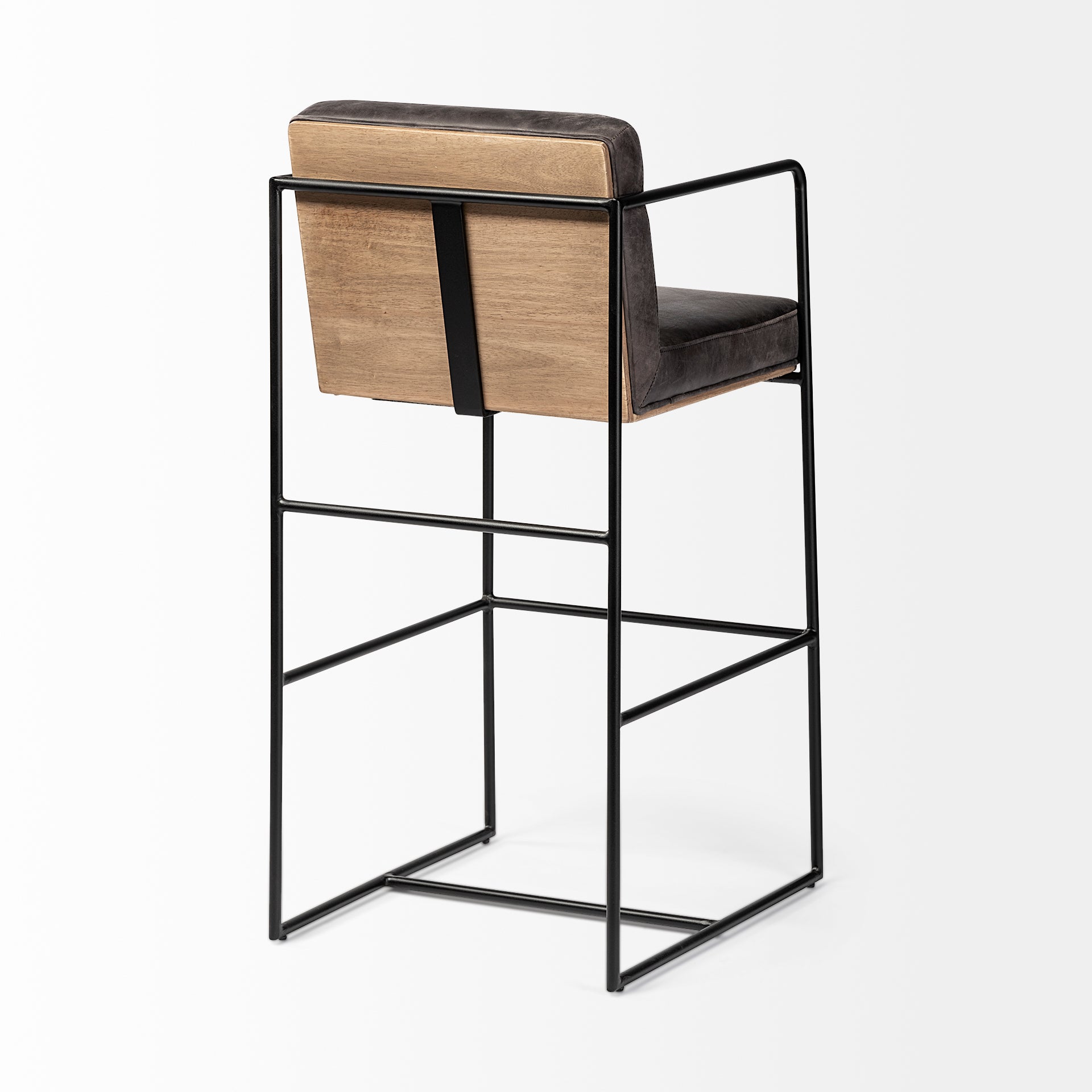Mercana Stamford 40" Total Height Black Leather Seat With Wood Back, Metal Frame Bar Stool