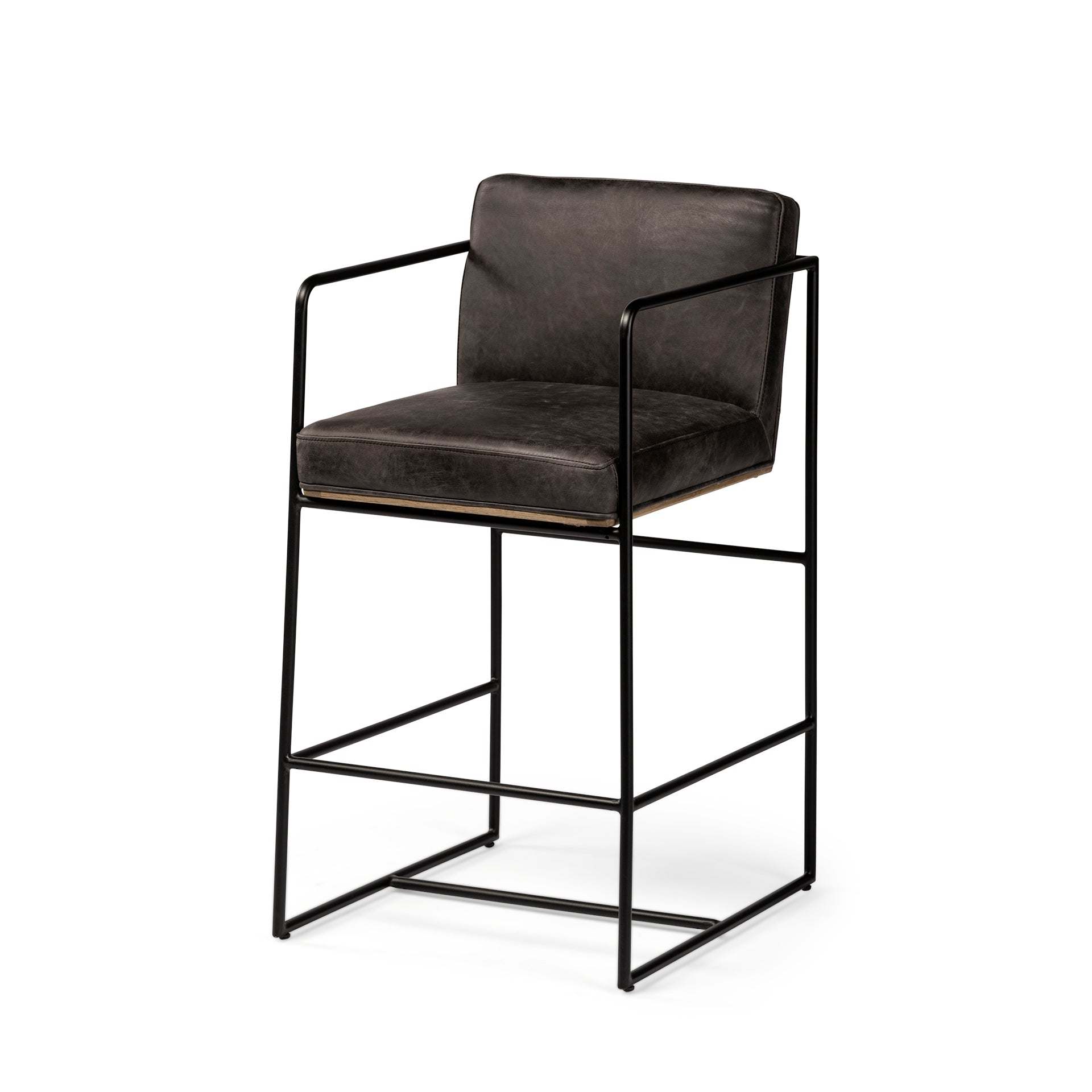 Mercana Stamford 36" Total Height Black Leather Seat With Wood Back, Metal Frame Counter Stool