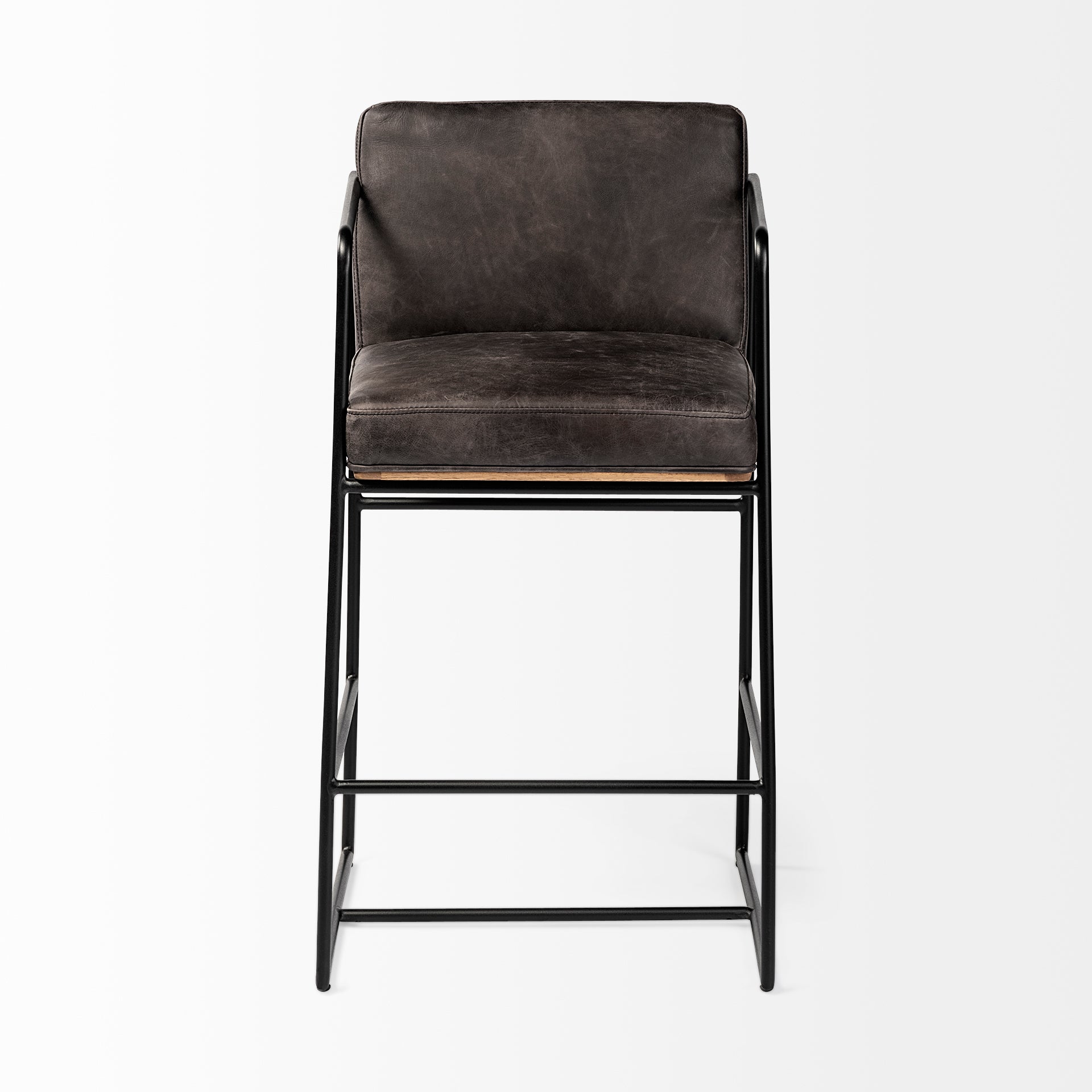 Mercana Stamford 36" Total Height Black Leather Seat With Wood Back, Metal Frame Counter Stool