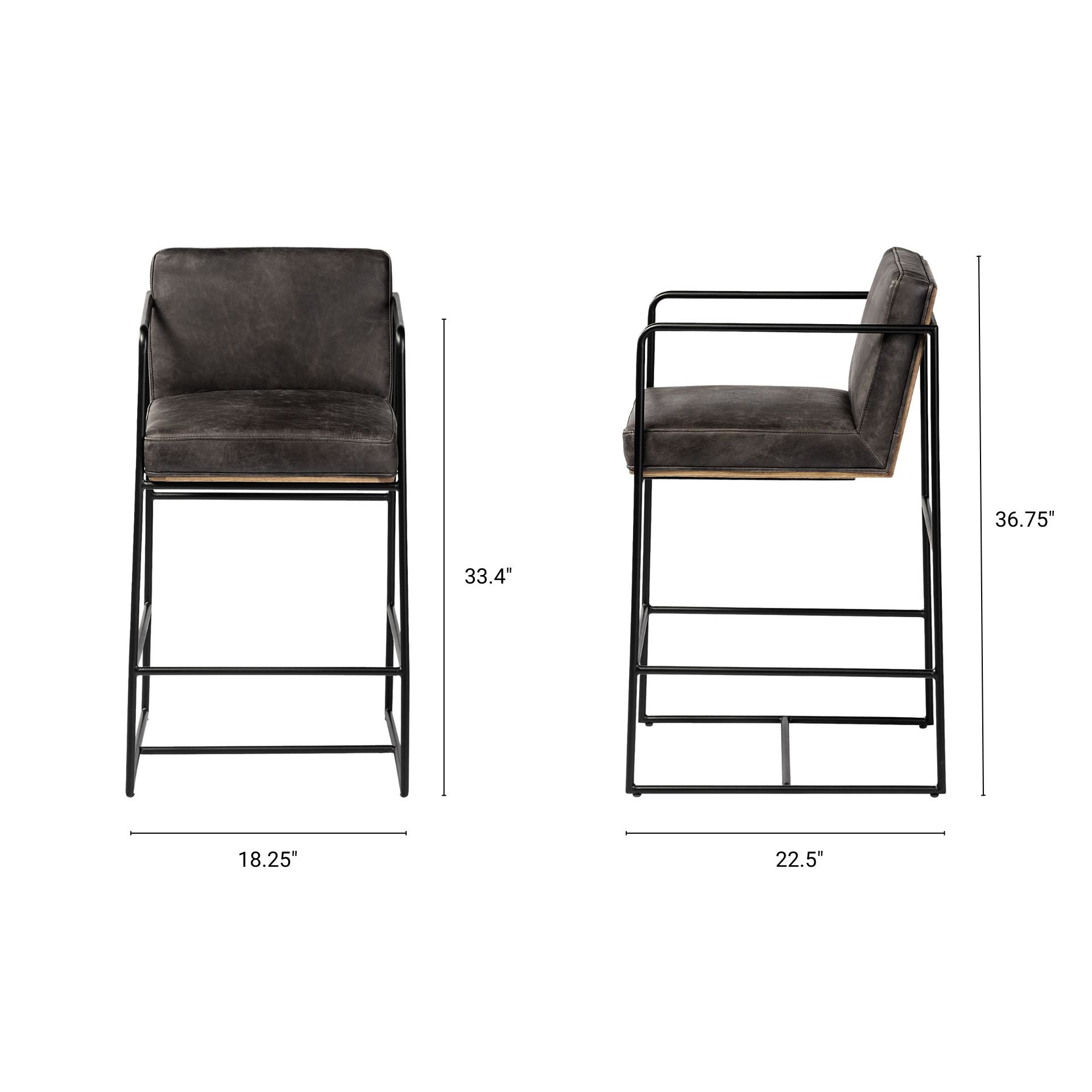 Mercana Stamford 36" Total Height Black Leather Seat With Wood Back, Metal Frame Counter Stool