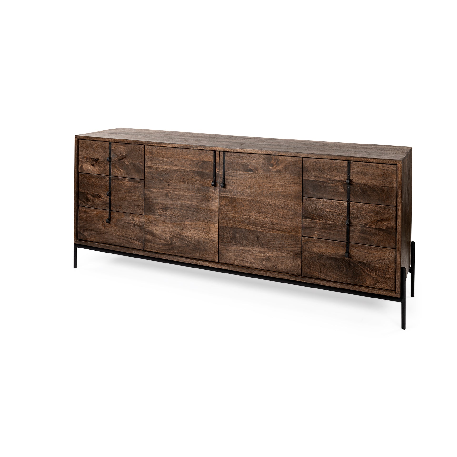 Mercana Glenn VI Dark Brown Wood Frame with Black Iron Accent 6 Drawer 2 Door Cabinet Sideboard
