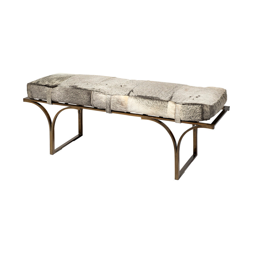 Mercana Jessie 55L x 16W White/Gray Hair-On-Hide Seat With Gold Metal Base Accent Bench