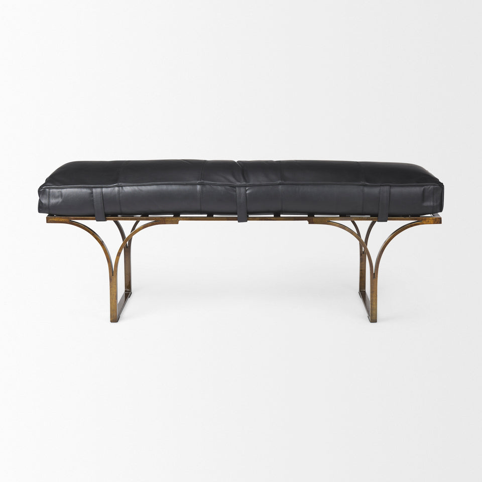 Mercana Jessie 55L x 16W Black Leather Seat With Gold Metal Base Accent Bench