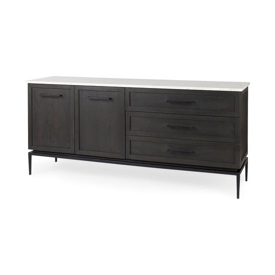 Mercana Divina Black-Brown Wood with White Marble Top and Black Metal Base Sideboard
