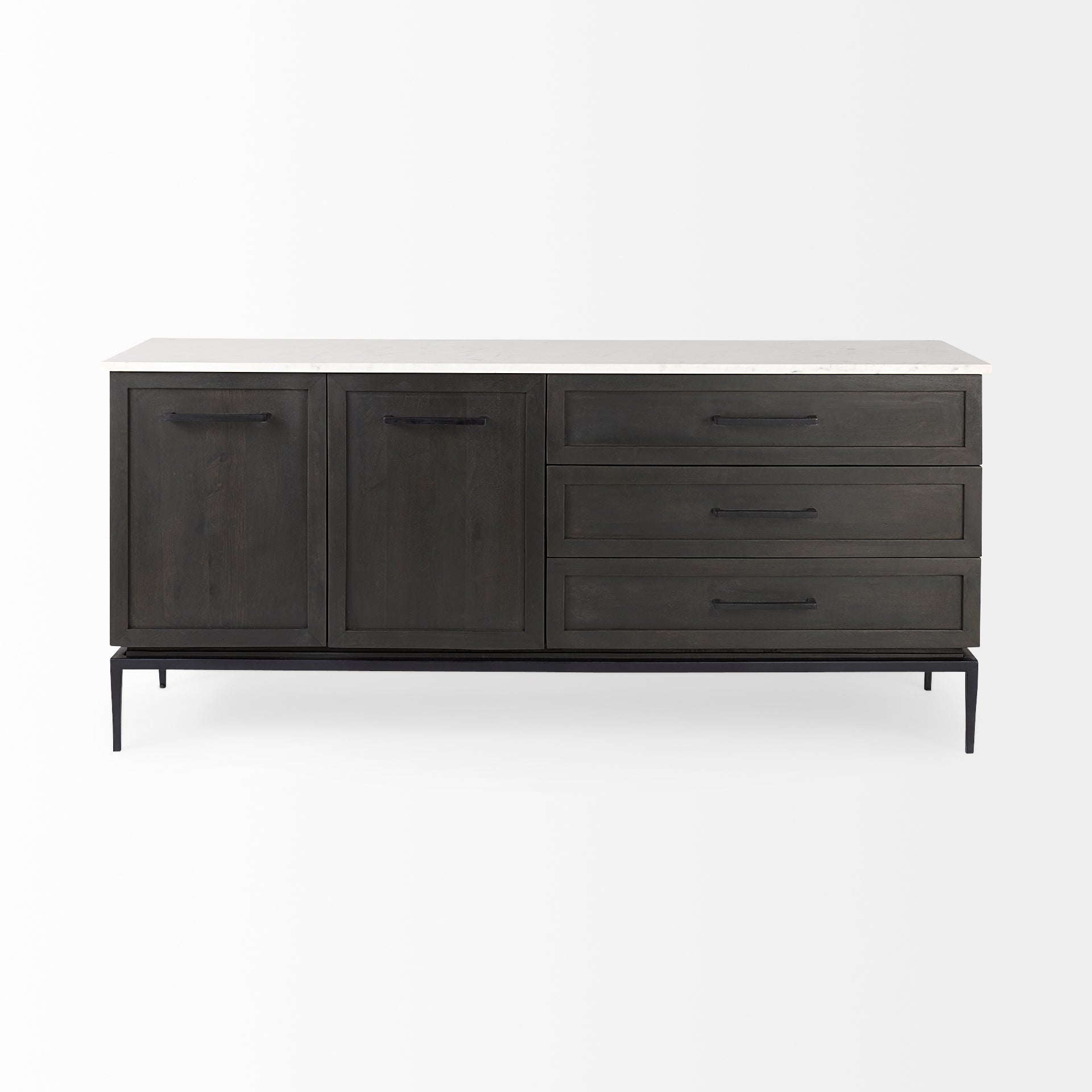 Mercana Divina Black-Brown Wood with White Marble Top and Black Metal Base Sideboard