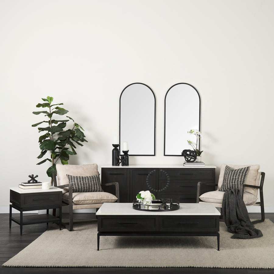 Mercana Divina Black-Brown Wood with White Marble Top and Black Metal Base Sideboard