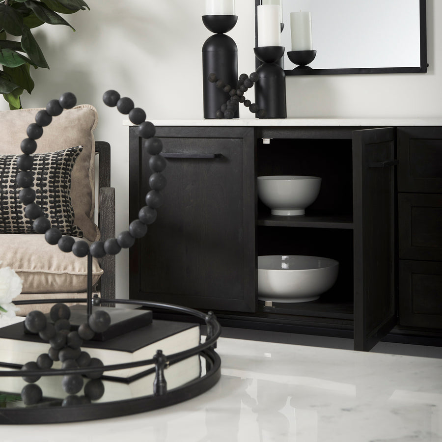 Mercana Divina Black-Brown Wood with White Marble Top and Black Metal Base Sideboard