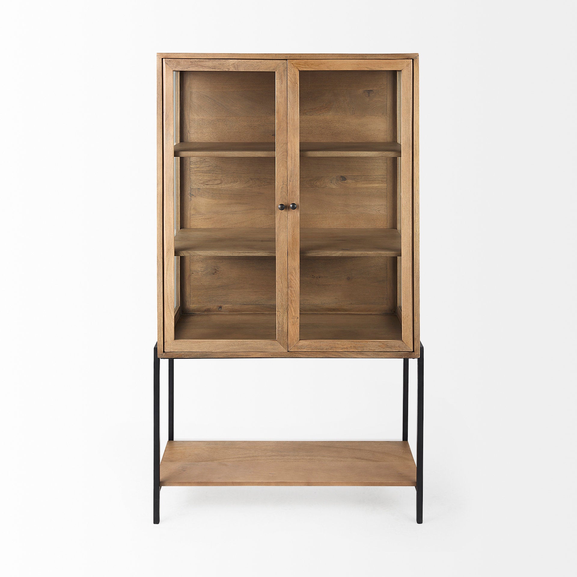 Mercana Arelius Light Brown Wood with Black Metal Base Display Cabinet