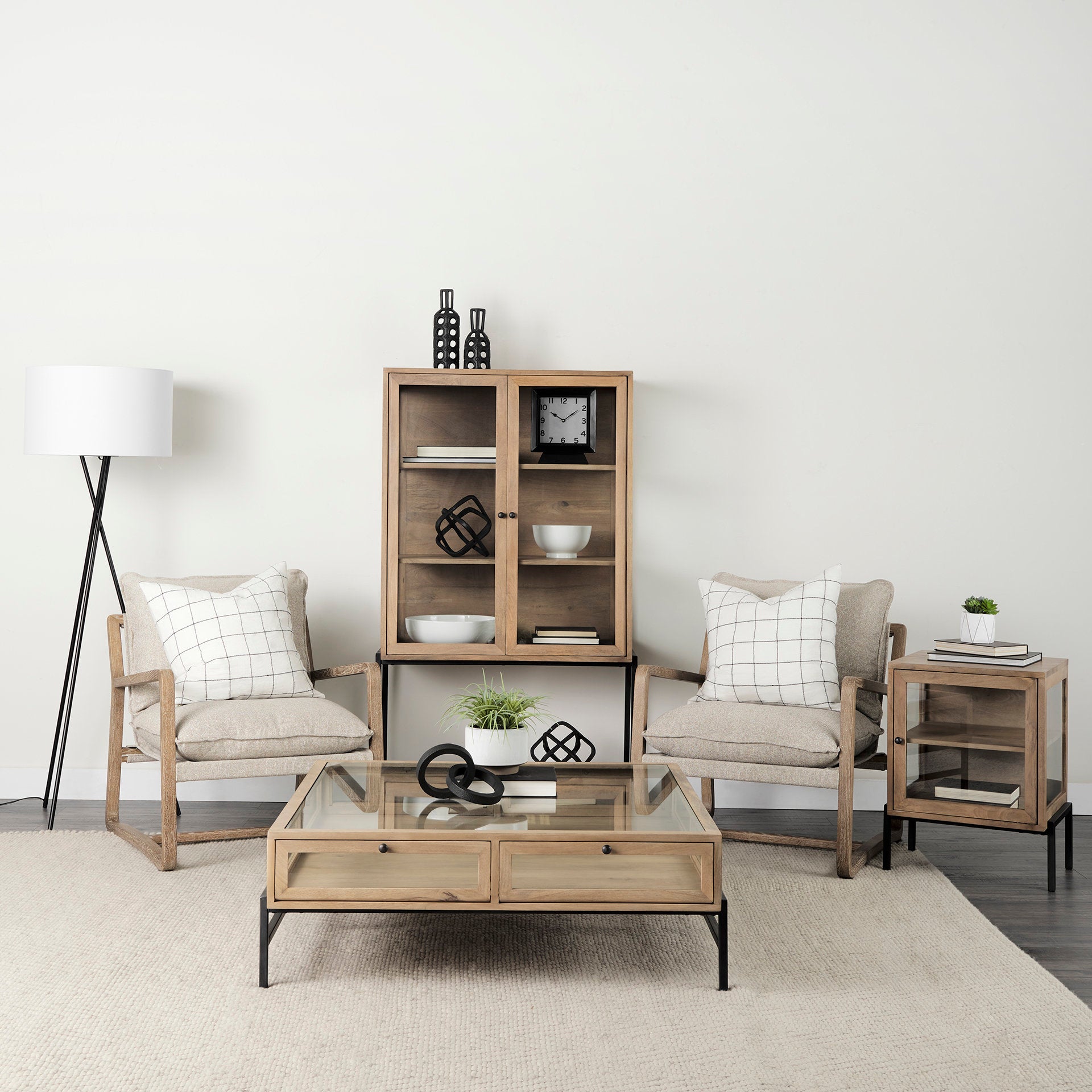 Mercana Arelius Light Brown Wood with Black Metal Base Display Cabinet