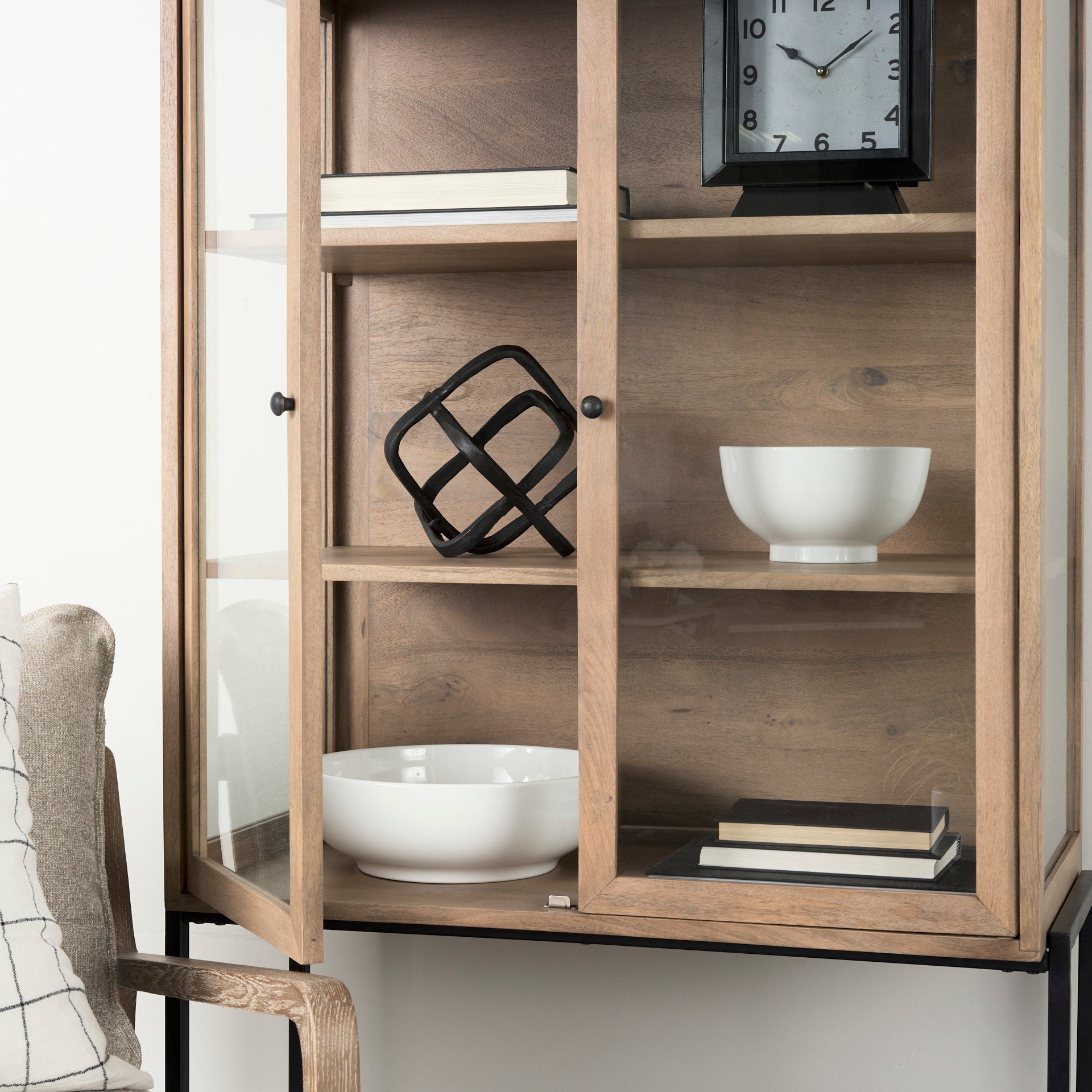 Mercana Arelius Light Brown Wood with Black Metal Base Display Cabinet