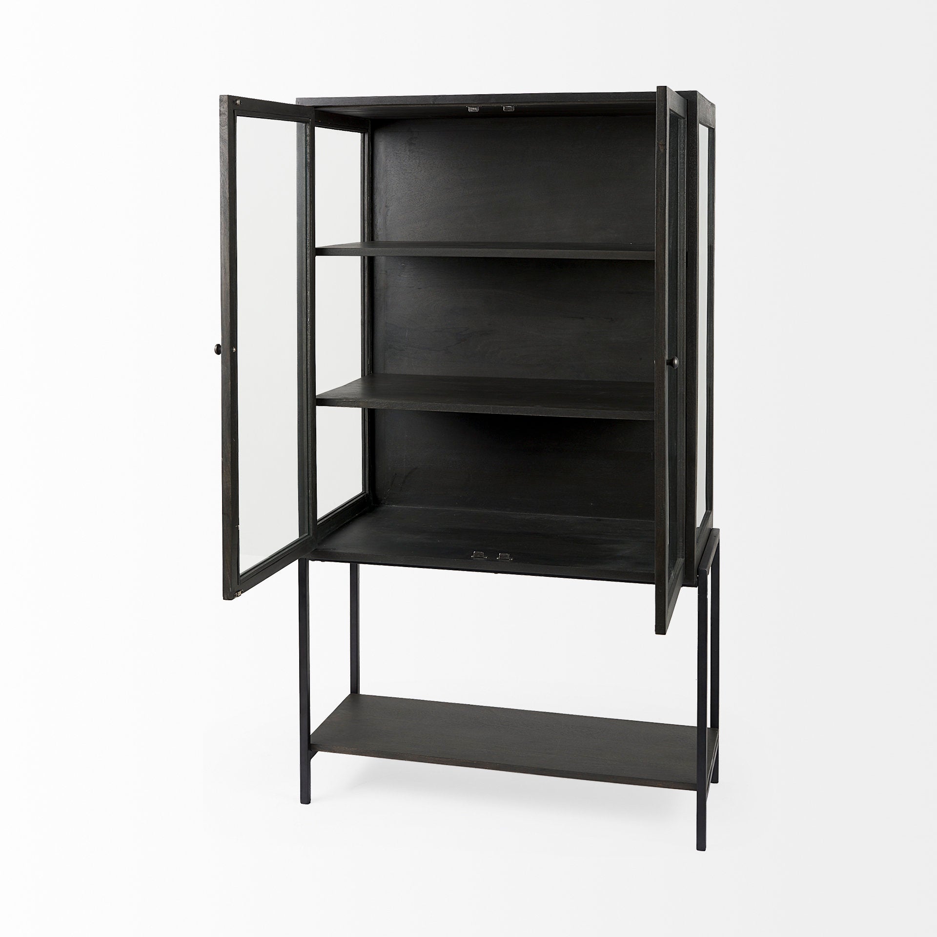 Mercana Arelius Light Brown Wood with Black Metal Base Display Cabinet