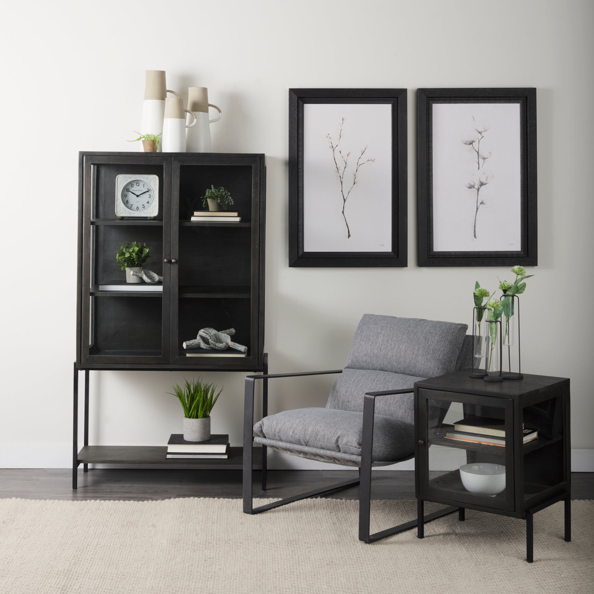 Mercana Arelius Light Brown Wood with Black Metal Base Display Cabinet
