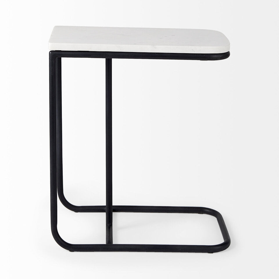 Mercana Kyra 12.0L x 20.0W x 23.0H White Marble Top with Black Iron Frame C-Shaped End and Side Table