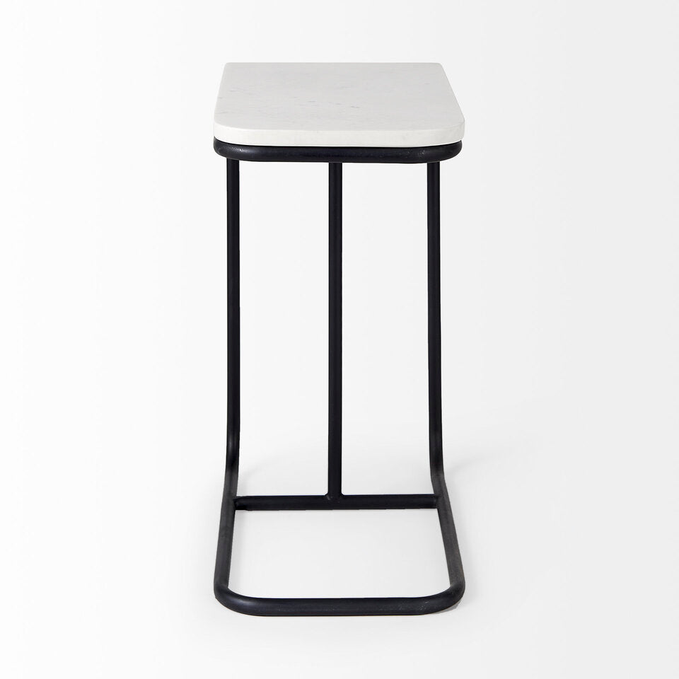 Mercana Kyra 12.0L x 20.0W x 23.0H White Marble Top with Black Iron Frame C-Shaped End and Side Table