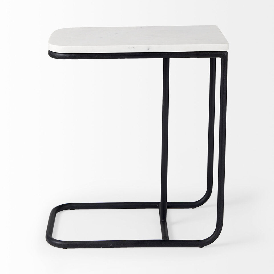 Mercana Kyra 12.0L x 20.0W x 23.0H White Marble Top with Black Iron Frame C-Shaped End and Side Table