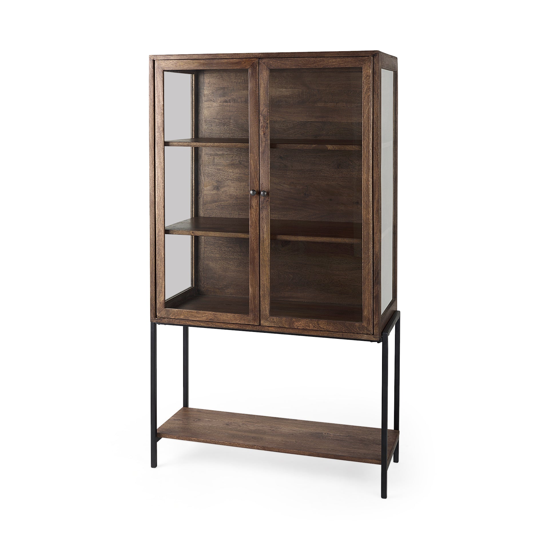 Mercana Arelius Medium Brown Wood with Black Metal Base Display Cabinet