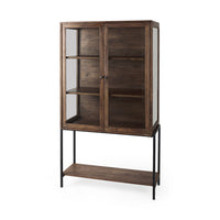 Mercana Arelius Medium Brown Wood with Black Metal Base Display Cabinet