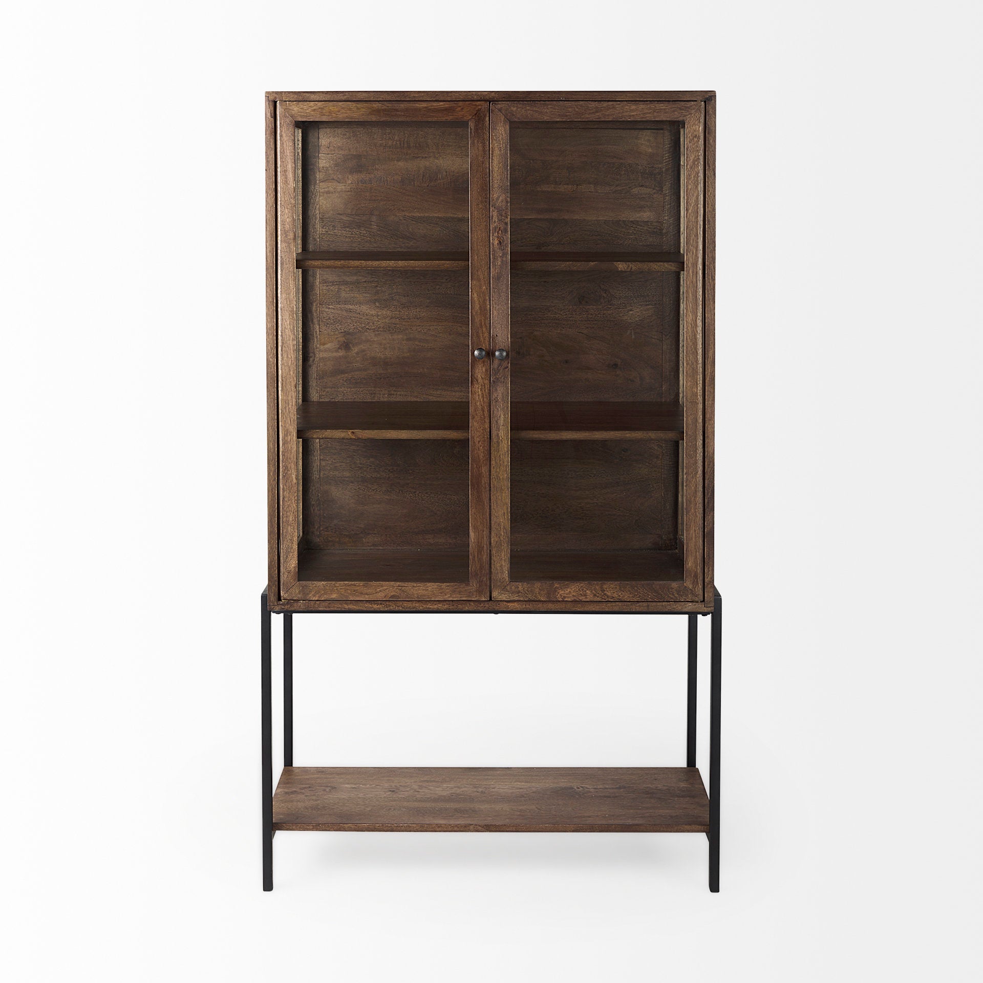 Mercana Arelius Medium Brown Wood with Black Metal Base Display Cabinet