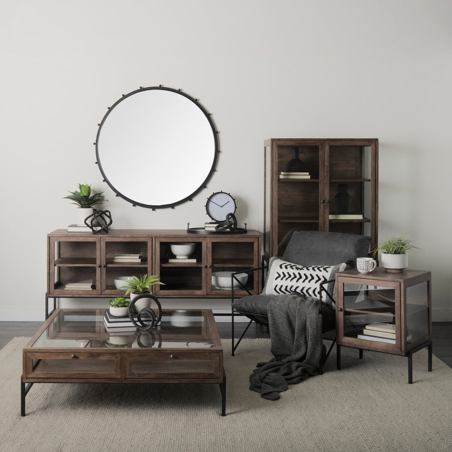 Mercana Arelius Medium Brown Wood with Black Metal Base Display Cabinet