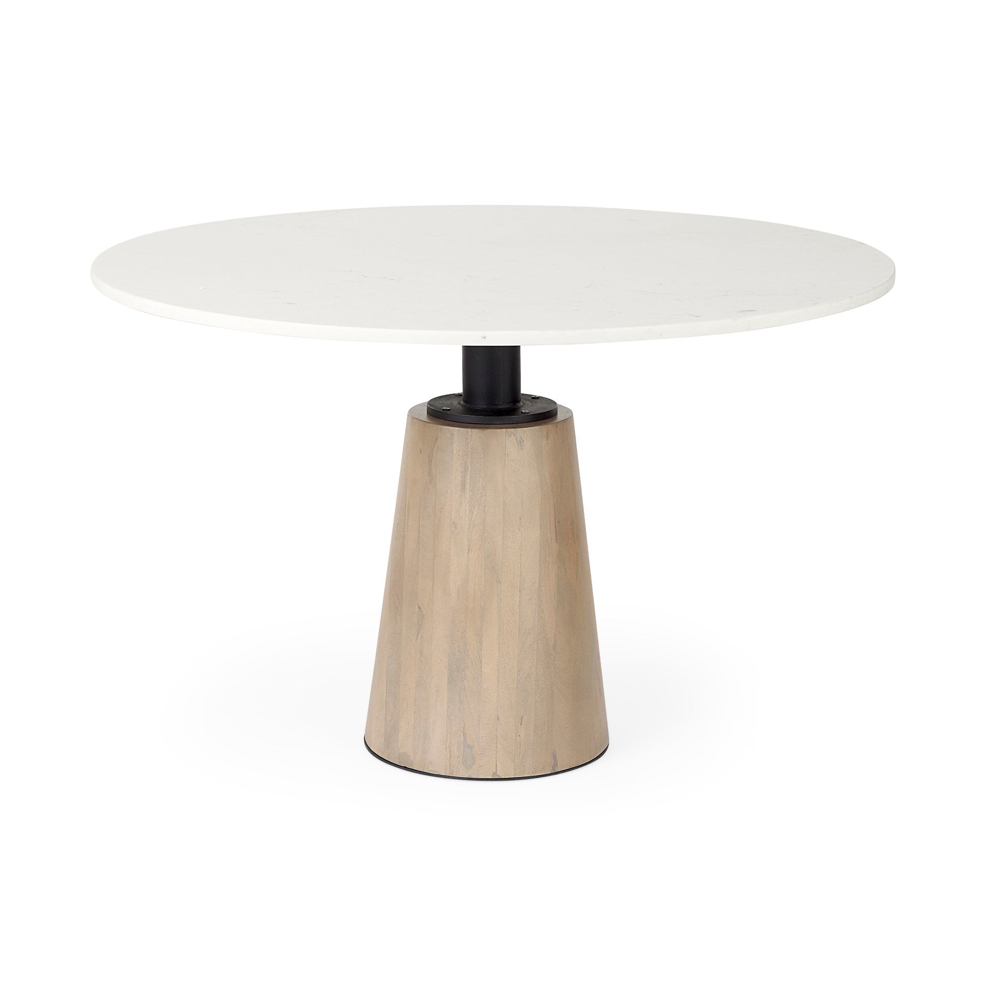 Mercana Maxwell 48L x 48W x 30H White Marble Round Top With Black / Brown Metal and Wood Pedestal Base Dining Table