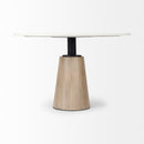 Mercana Maxwell 48L x 48W x 30H White Marble Round Top With Black / Brown Metal and Wood Pedestal Base Dining Table