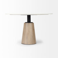 Mercana Maxwell 48L x 48W x 30H White Marble Round Top With Black / Brown Metal and Wood Pedestal Base Dining Table