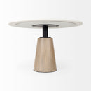 Mercana Maxwell 48L x 48W x 30H White Marble Round Top With Black / Brown Metal and Wood Pedestal Base Dining Table