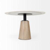 Mercana Maxwell 48L x 48W x 30H White Marble Round Top With Black / Brown Metal and Wood Pedestal Base Dining Table