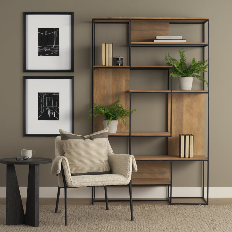 Mercana Morris 47.0L x 15.0W x 75.0H Light Brown Wood With Black Metal Frame 6-Tier Shelving Unit