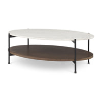 Mercana Larkin 48" Oval White Marble Top and Solid Wood Shelf With Black Metal Frame Coffee Table