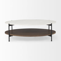 Mercana Larkin 48" Oval White Marble Top and Solid Wood Shelf With Black Metal Frame Coffee Table