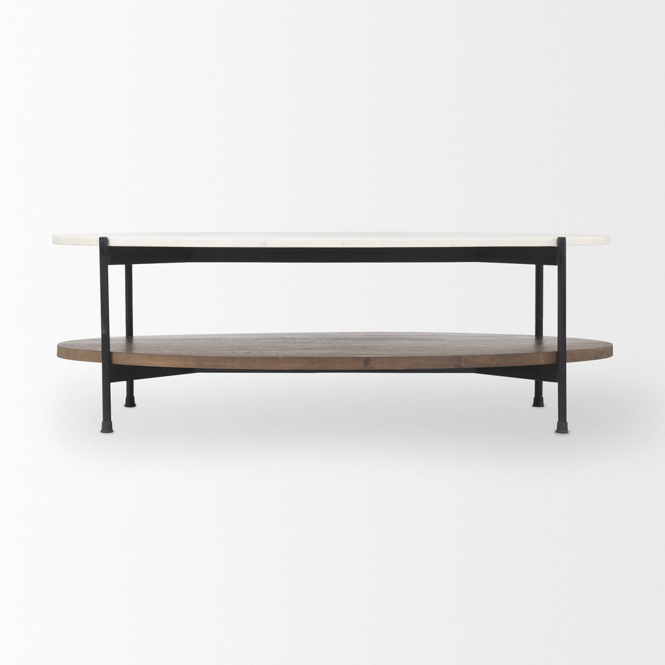 Mercana Larkin 48" Oval White Marble Top and Solid Wood Shelf With Black Metal Frame Coffee Table