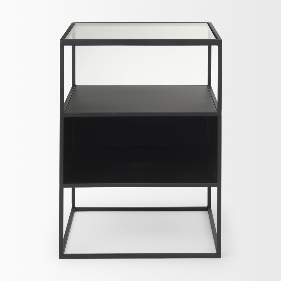 Mercana Samson 15.7L x 15.7W x 21.3H Side Table Matte Black Metal and Glass