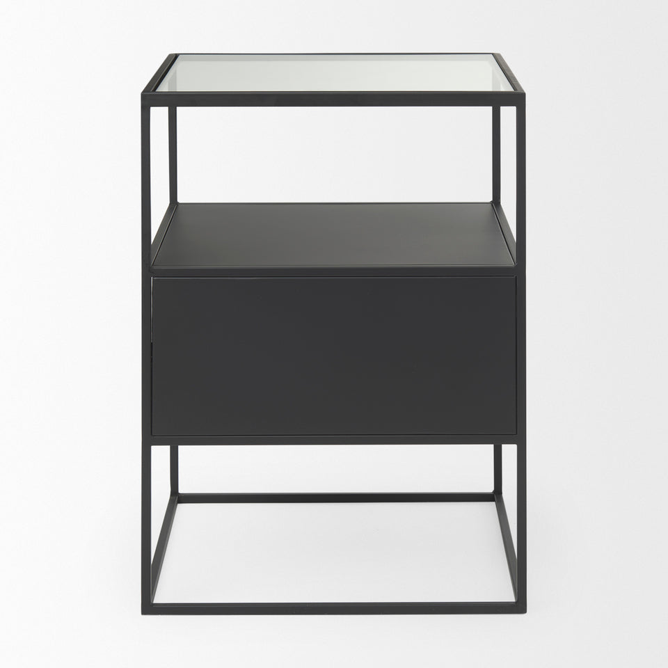 Mercana Samson 15.7L x 15.7W x 21.3H Side Table Matte Black Metal and Glass
