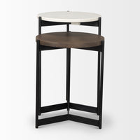 Mercana Larkin II Marble and Medium Brown Wood Round Tabletop Nesting End/Side Tables