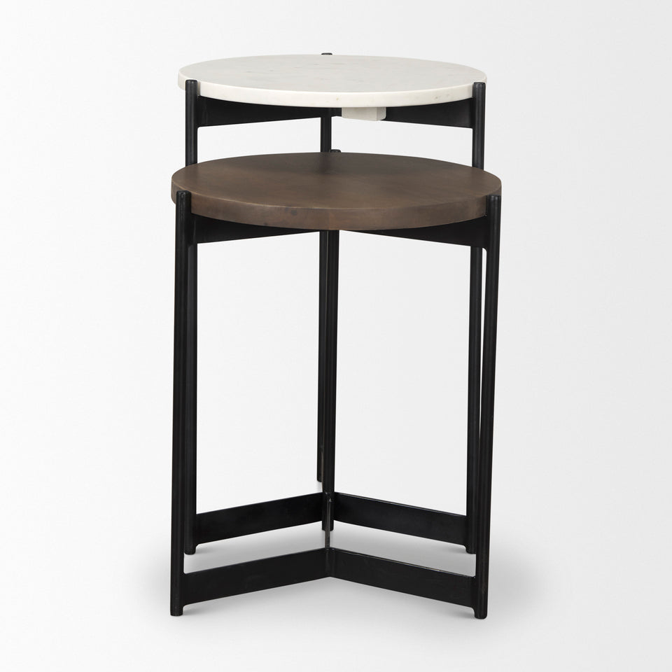 Mercana Larkin II Marble and Medium Brown Wood Round Tabletop Nesting End/Side Tables