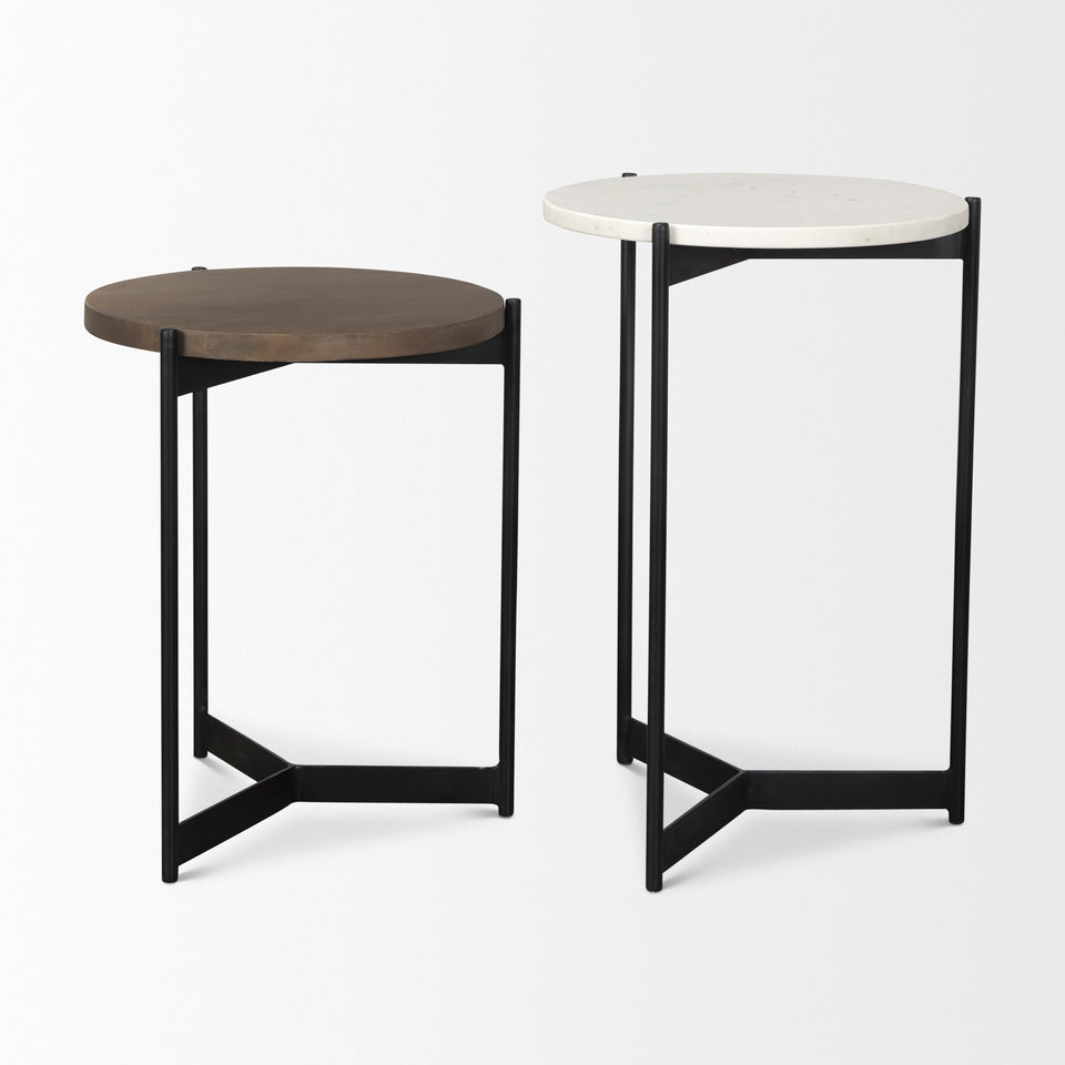 Mercana Larkin II Marble and Medium Brown Wood Round Tabletop Nesting End/Side Tables