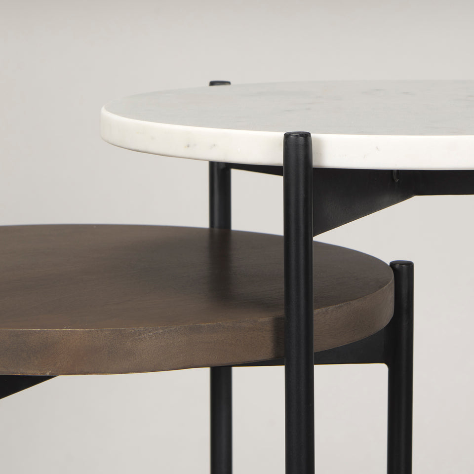 Mercana Larkin II Marble and Medium Brown Wood Round Tabletop Nesting End/Side Tables