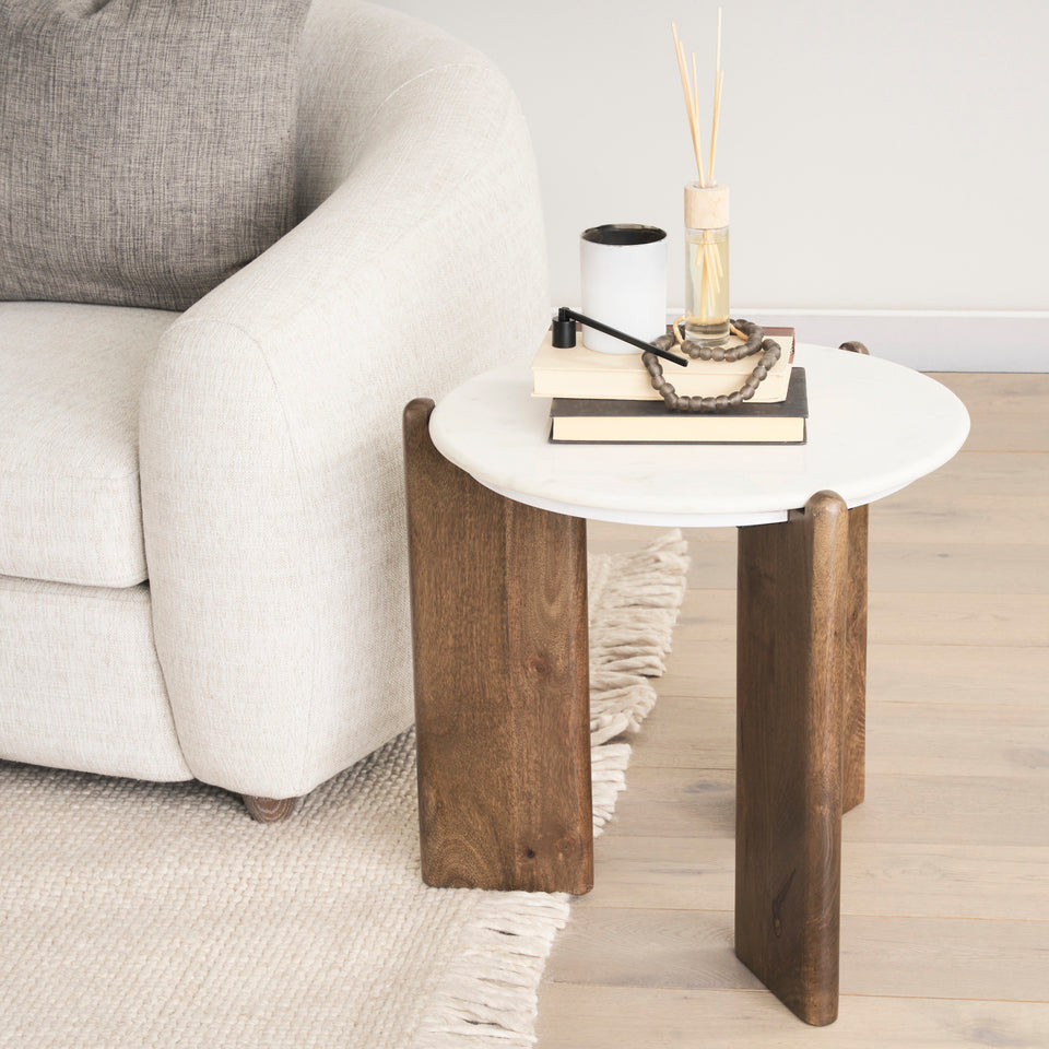 Mercana Rumer Dark Brown Wood With White Marble Side Table