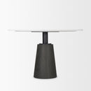 Mercana Maxwell 48L x 48W x 30H White Marble Round Top With Black / Brown Metal and Wood Pedestal Base Dining Table