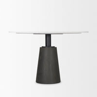 Mercana Maxwell 48L x 48W x 30H White Marble Round Top With Black / Brown Metal and Wood Pedestal Base Dining Table