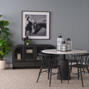 Mercana Maxwell 48L x 48W x 30H White Marble Round Top With Black / Brown Metal and Wood Pedestal Base Dining Table